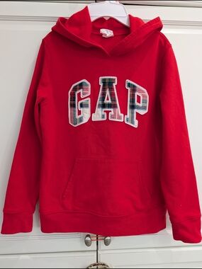 2/$35 GAP Red Hoodie Plaid Logo Patch Kangaroo Pocket XS NWOT